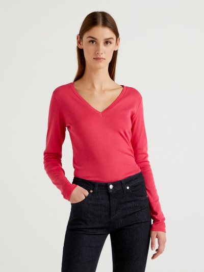 Women's Benetton Long Sleeve V-neck T Shirts Cyclamen | NZ337309
