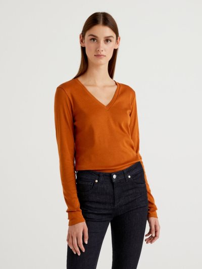 Women's Benetton Long Sleeve V-neck T Shirts Burnt | NZ818771