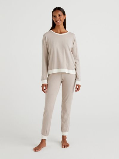 Women's Benetton Long Stretch Cotton Blend Matching Sets Dove Grey | NZ745869