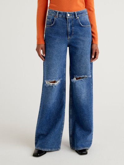 Women's Benetton Loose Fit Tears Jeans Blue | NZ492862