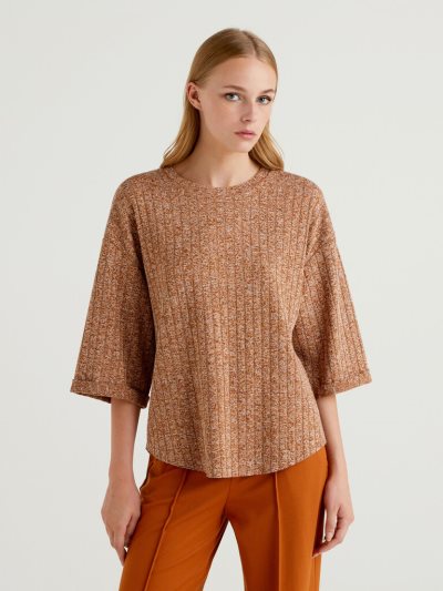 Women's Benetton Loose Marl Short Sleeve T-shirts Beige | NZ129638