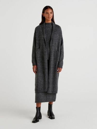 Women's Benetton Midi Bouclé Wool Blend Cardigan Dark Grey | NZ673978