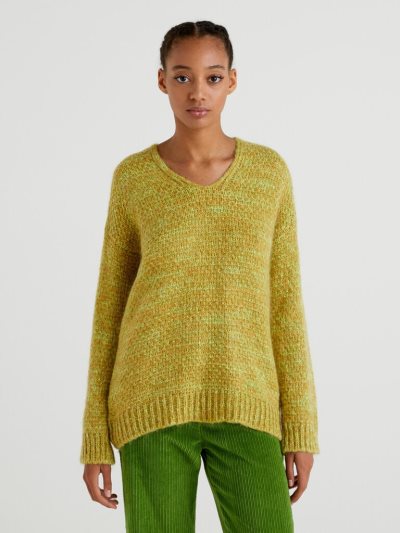 Women's Benetton Mohair Blend V-neck Sweaters Mustard | NZ090885