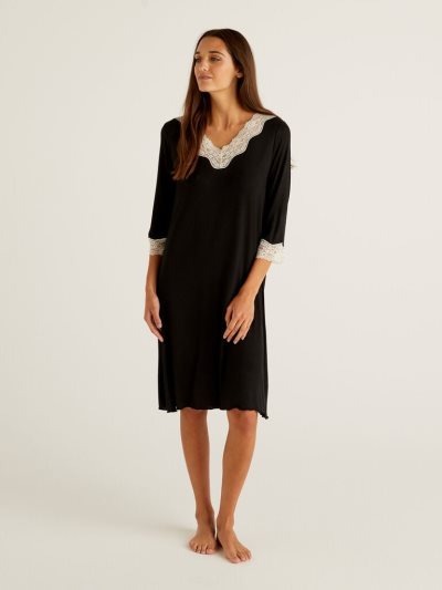 Women's Benetton Nightshirt Lace Details Pyjamas Black | NZ947957