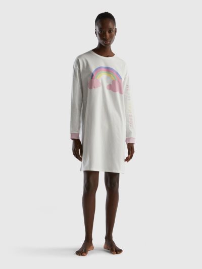 Women's Benetton Nightshirt Long Fiber Cotton Nightshirts Creamy White | NZ636354