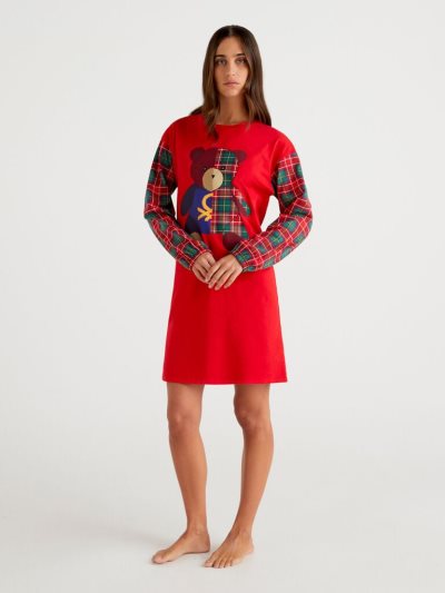 Women's Benetton Nightshirt Tartan Sleeves Nightshirts Red | NZ441778