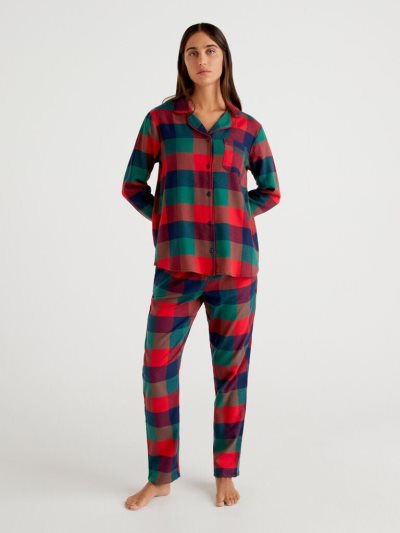 Women's Benetton Open Check Flannel Matching Sets Multi-color | NZ649869