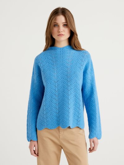 Women's Benetton Open-knit Lace Look High Neck Sweaters Turquoise | NZ137290