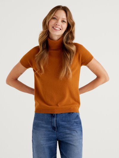 Women's Benetton Orange Short Sleeve Turtleneck High Neck Sweaters Orange | NZ548457