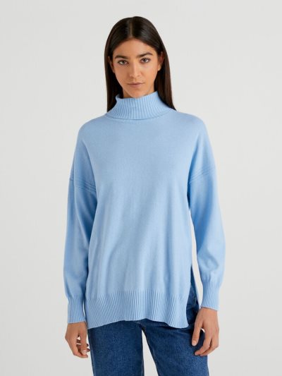 Women's Benetton Oversized Fit Cashmere Blend Turtleneck Sweaters Light Blue | NZ015895