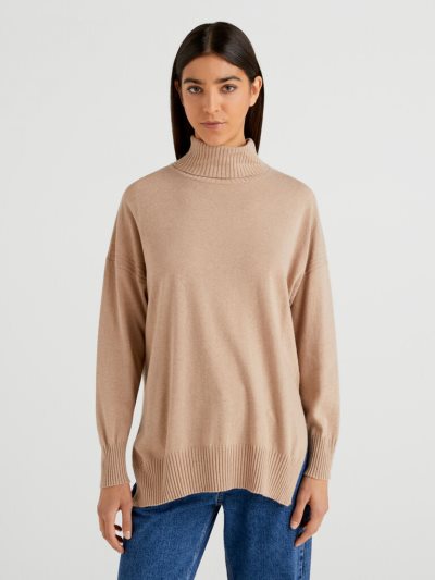 Women's Benetton Oversized Fit Cashmere Blend Turtleneck Sweaters Beige | NZ020160