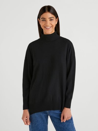 Women's Benetton Oversized Fit Cashmere Blend Turtleneck Sweaters Black | NZ305317