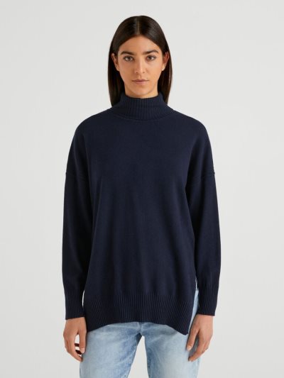 Women's Benetton Oversized Fit Cashmere Blend Turtleneck Sweaters Dark Blue | NZ528149