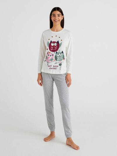 Women's Benetton Owl Warm Cotton Matching Sets Light Grey | NZ029025