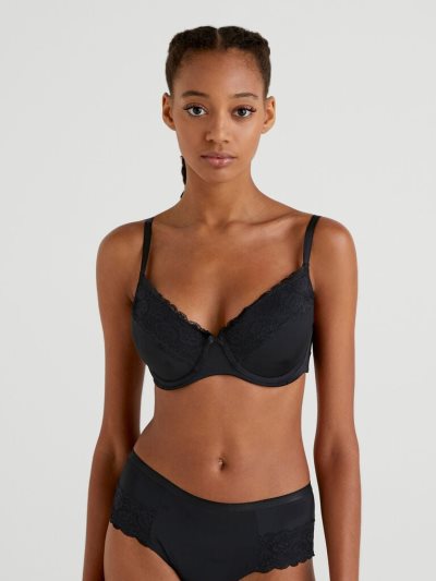 Women's Benetton Padded Lace And Bow Bras Black | NZ258116