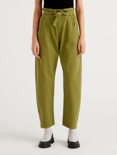 Women's Benetton Paperbag 100% Cotton Trousers Military Green | NZ018207