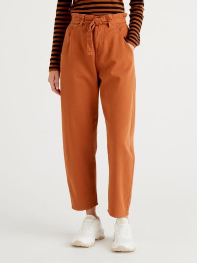 Women's Benetton Paperbag 100% Cotton Trousers Burnt | NZ035183