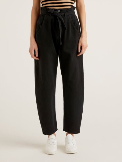 Women's Benetton Paperbag 100% Cotton Trousers Black | NZ156401