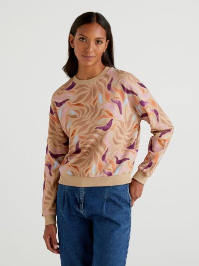 Women's Benetton Patterned 100% Cotton Sweat Sweatshirt Brown | NZ593272