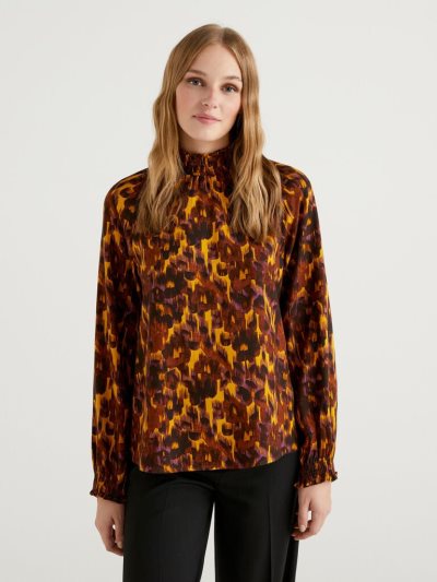 Women's Benetton Patterned High Collar Blouse Multi-color | NZ047144