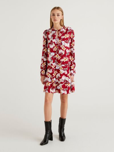 Women's Benetton Patterned Sustainable Viscose Dress Burgundy | NZ151378
