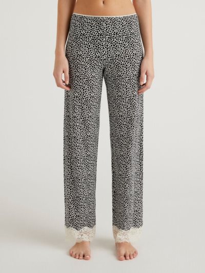 Women's Benetton Patterned Sustainable Viscose Trousers Black | NZ234184