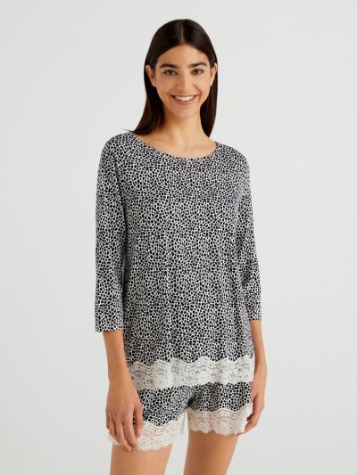 Women's Benetton Patterned Sustainable Viscose T Shirts Black | NZ480751