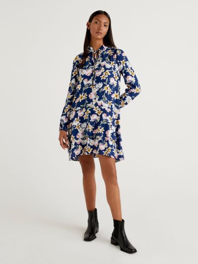 Women's Benetton Patterned Sustainable Viscose Dress Bright Blue | NZ604012