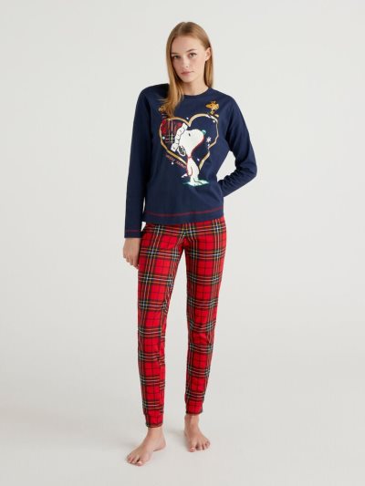 Women's Benetton Peanuts Tartan Trousers Matching Sets Dark Blue | NZ671306