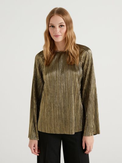 Women's Benetton Pleated Foil Blouse Gold | NZ051581