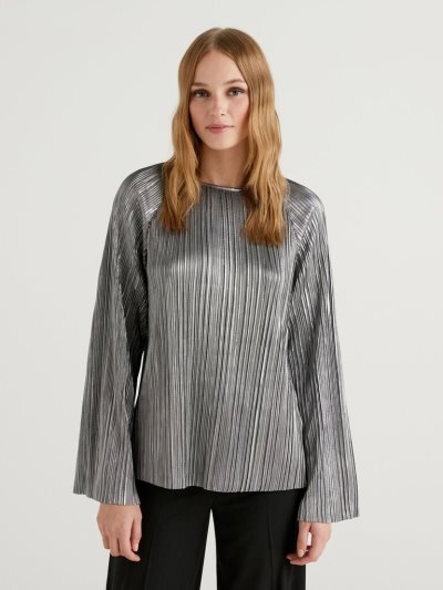 Women's Benetton Pleated Foil Blouse Silver | NZ876373