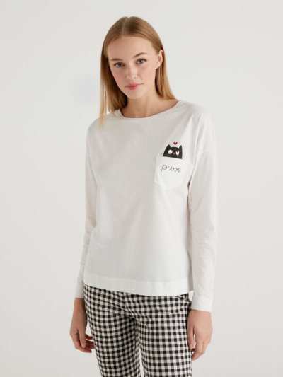 Women's Benetton Pocket Long Fiber Cotton T Shirts Creamy White | NZ378367