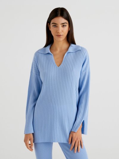 Women's Benetton Polo-style Ribbed V-neck Sweaters Light Blue | NZ510635