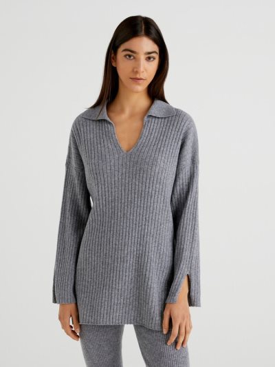 Women's Benetton Polo-style Ribbed V-neck Sweaters Grey | NZ684364