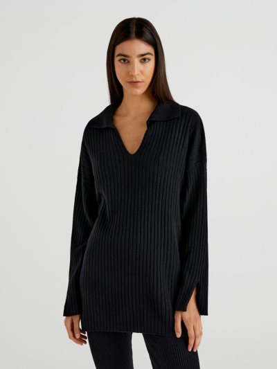 Women's Benetton Polo-style Ribbed V-neck Sweaters Black | NZ692092