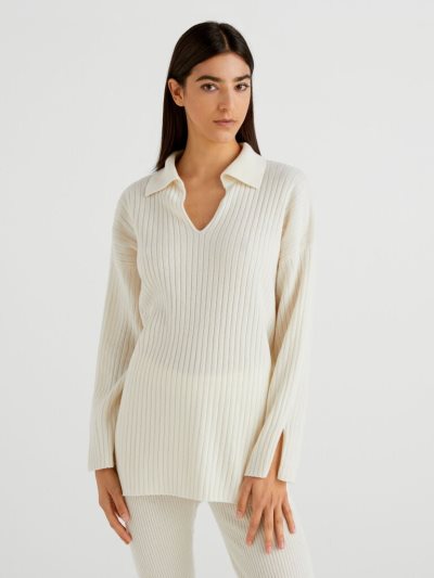 Women's Benetton Polo-style Ribbed V-neck Sweaters Creamy White | NZ843087