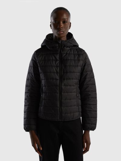 Women's Benetton Puffer Recycled Wadding Jackets Black | NZ713447