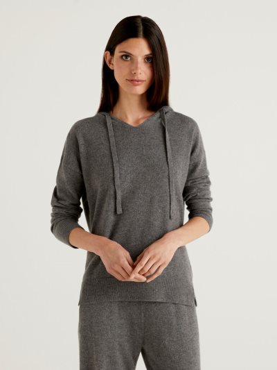 Women's Benetton Pure Cashmere Hood V-neck Sweaters Dark Grey | NZ431893