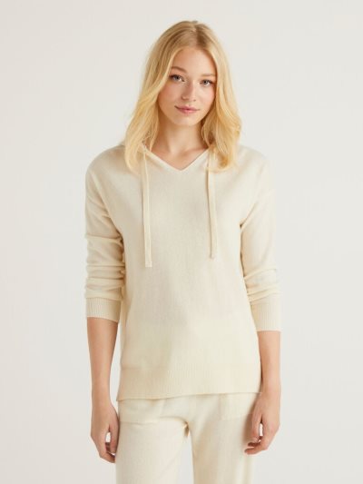 Women's Benetton Pure Cashmere Hood V-neck Sweaters Creamy White | NZ520181