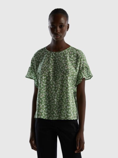 Women's Benetton Pure Cotton Patterned Blouse Olive Green | NZ266944