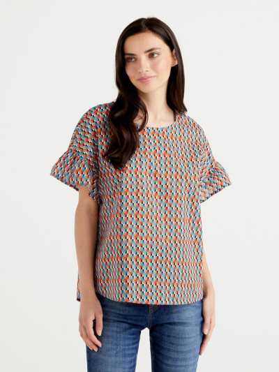Women's Benetton Pure Cotton Patterned Blouse Turquoise | NZ274260