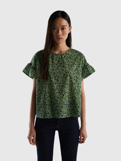 Women's Benetton Pure Cotton Patterned Blouse Green | NZ431832