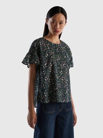 Women's Benetton Pure Cotton Patterned Blouse Dark Blue | NZ507369