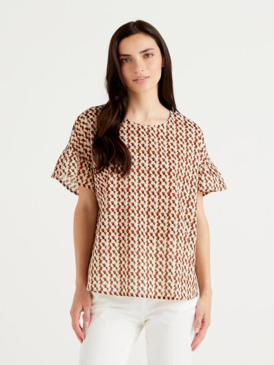Women's Benetton Pure Cotton Patterned Blouse Brown | NZ799313