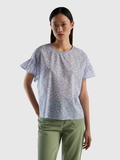 Women's Benetton Pure Cotton Patterned Blouse Light Blue | NZ801418