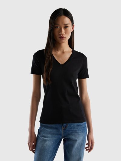 Women's Benetton Pure Cotton V-neck Short Sleeve T-shirts Black | NZ289912