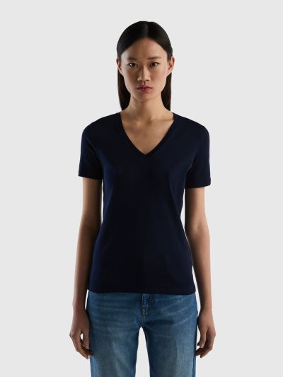 Women's Benetton Pure Cotton V-neck Short Sleeve T-shirts Dark Blue | NZ368566