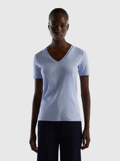 Women's Benetton Pure Cotton V-neck Short Sleeve T-shirts Lavender | NZ440503
