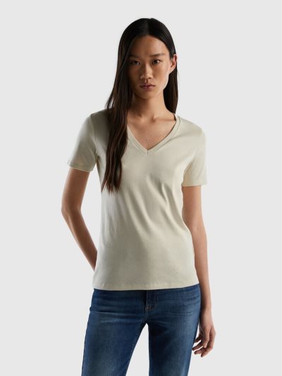 Women's Benetton Pure Cotton V-neck Short Sleeve T-shirts Beige | NZ715377