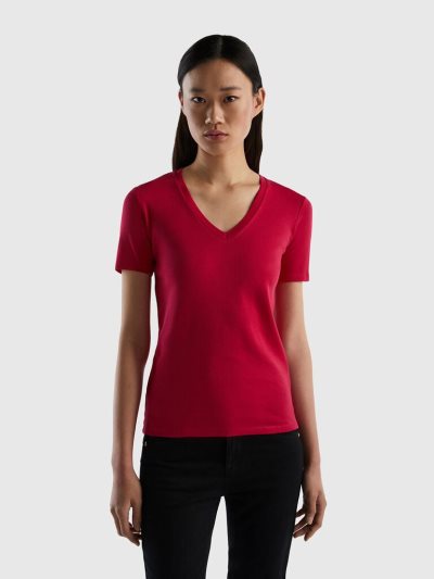 Women's Benetton Pure Cotton V-neck Short Sleeve T-shirts Fuchsia | NZ741770